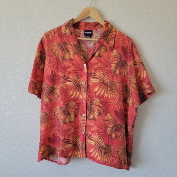 Vintage NOTATIONS 100% Silk Button Down Size 18W Hawaiian Leaves Aloha Tiki Plus - Picture 1 of 7